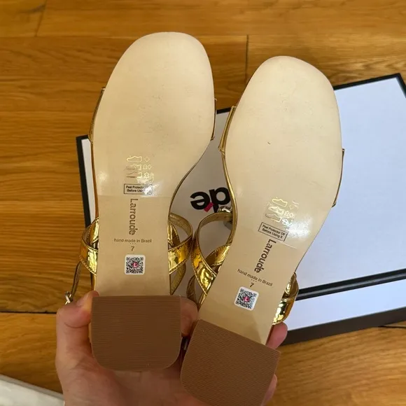 Gold Larroudé Tinx Sandals with Floral Accents - US 7