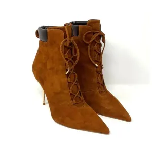 Good American Scandal Lace Up Stilleto Booties Suede Tobacco Size 8 GA012K-X