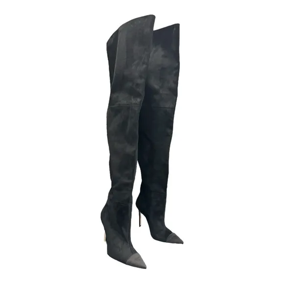 Good American Thigh High Pointed Toe Black Heels Size 8 Suede Likes Feel
