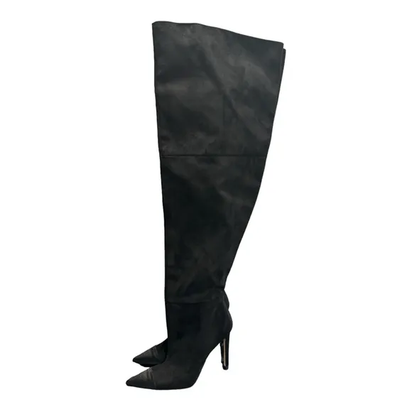 Good American Thigh High Pointed Toe Black Heels Size 8 Suede Likes Feel