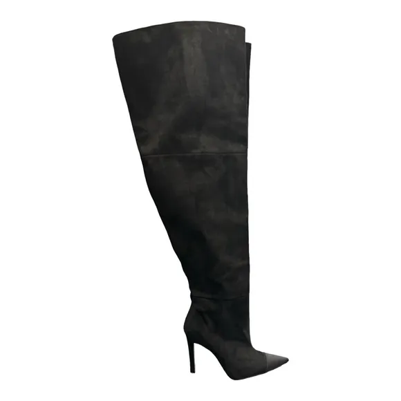 Good American Thigh High Pointed Toe Black Heels Size 8 Suede Likes Feel