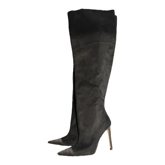 Good American Thigh High Pointed Toe Black Heels Size 8 Suede Likes Feel