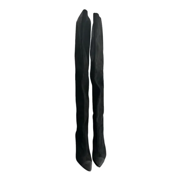 Good American Thigh High Pointed Toe Black Heels Size 8 Suede Likes Feel