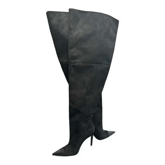Good American Thigh High Pointed Toe Black Heels Size 8 Suede Likes Feel