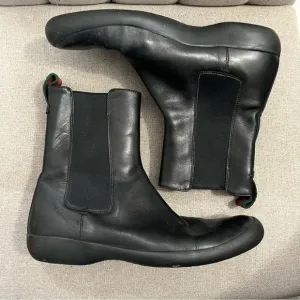 Gucci Black Leather Web Pull Tab Rubber Sole Hi Chelsea Boot sz 9 US