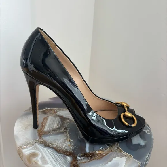 Gucci Black Patent Leather Women's Peep Toe Pumps