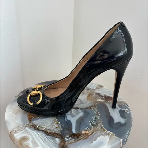 Gucci Black Patent Leather Women's Peep Toe Pumps