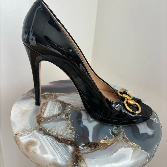 Gucci Black Patent Leather Women's Peep Toe Pumps