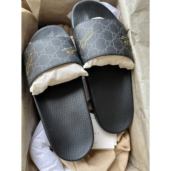 Gucci GG Supreme Tigers Print Slide Sandals Black Multicolor Size 6