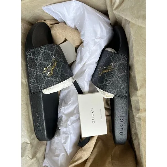 Gucci GG Supreme Tigers Print Slide Sandals Black Multicolor Size 6