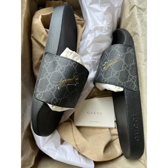 Gucci GG Supreme Tigers Print Slide Sandals Black Multicolor Size 6