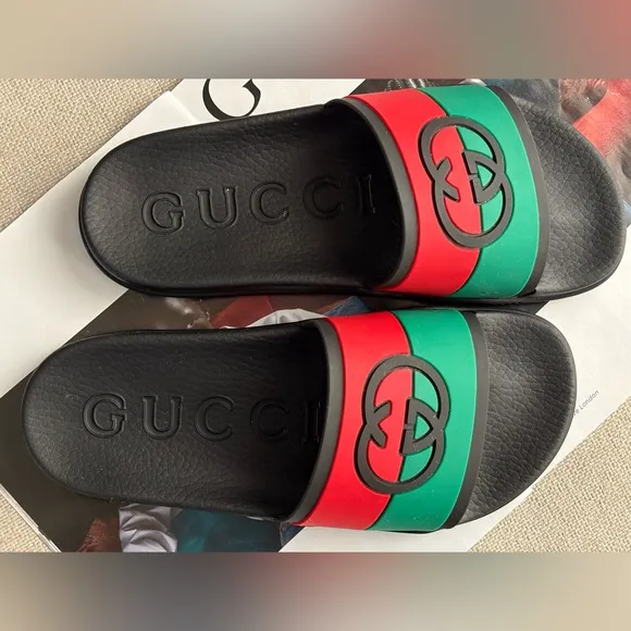 Gucci Interlocking G Rubber Slides Sandals In Black / Red / Green Size 40 EUR