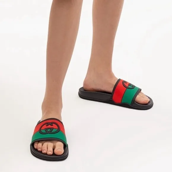 Gucci Interlocking G Rubber Slides Sandals In Black / Red / Green Size 40 EUR