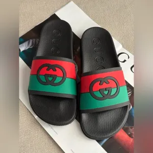 Gucci Interlocking G Rubber Slides Sandals In Black / Red / Green Size 40 EUR