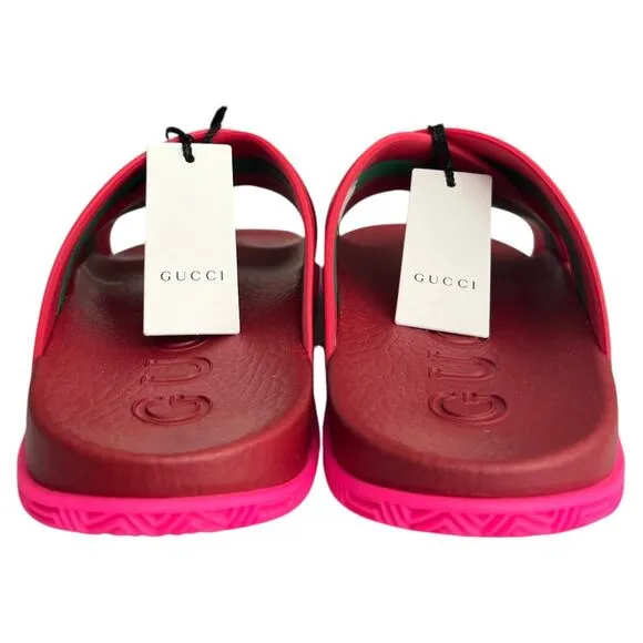 GUCCI Red Green Striped Web Accent Rubber Sandals, IT37/US7