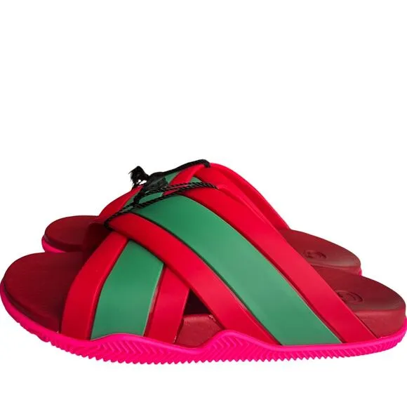 GUCCI Red Green Striped Web Accent Rubber Sandals, IT37/US7