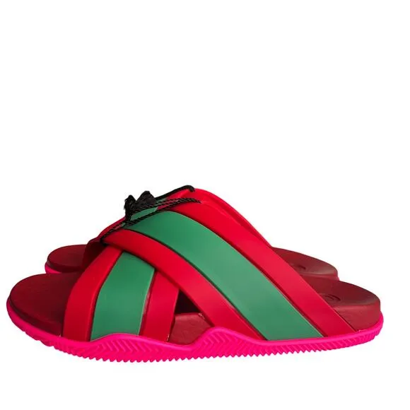 GUCCI Red Green Striped Web Accent Rubber Sandals, IT37/US7