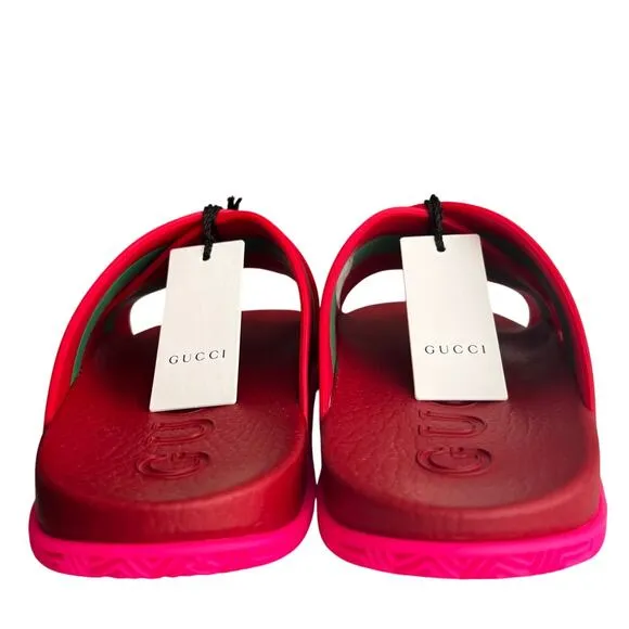GUCCI Red Green Striped Web Accent Rubber Sandals, IT37/US7