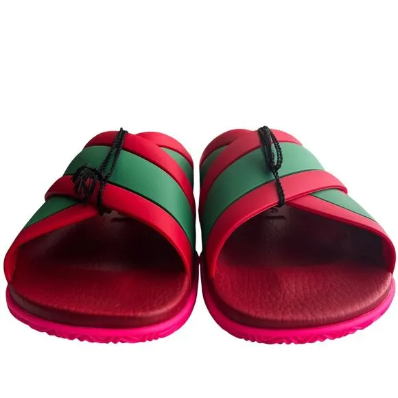 GUCCI Red Green Striped Web Accent Rubber Sandals, IT37/US7