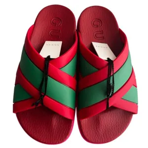 GUCCI Red Green Striped Web Accent Rubber Sandals, IT38/US8