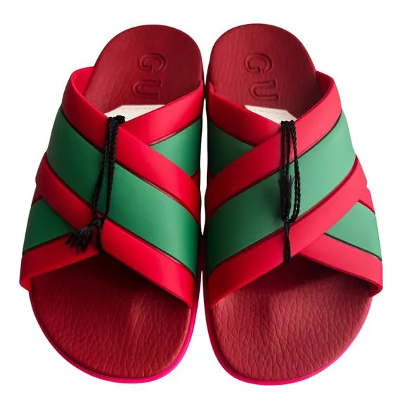 GUCCI Red Green Striped Web Accent Rubber Sandals, IT38/US8
