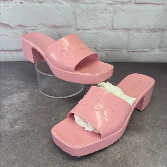 Gucci Summer Rubber 60mm Platform Women's Pink Slide Sandals 39