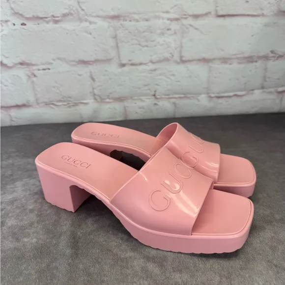 Gucci Summer Rubber 60mm Platform Women's Pink Slide Sandals 39