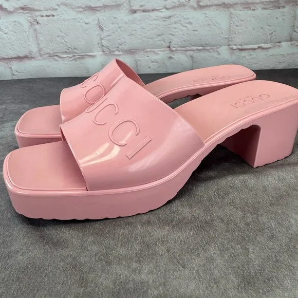 Gucci Summer Rubber 60mm Platform Women's Pink Slide Sandals 39