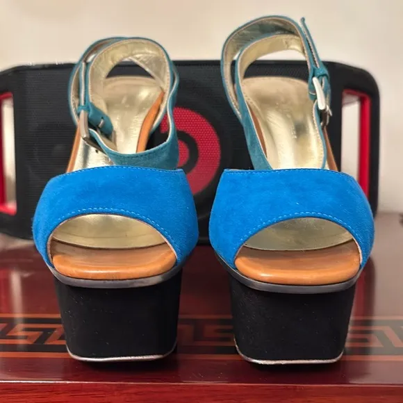 Halston Heritage Pippa Suede leather Black Blue Ankle Strap Platform Sandal sz 7