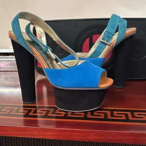 Halston Heritage Pippa Suede leather Black Blue Ankle Strap Platform Sandal sz 7