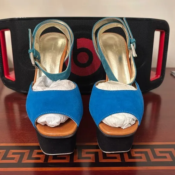 Halston Heritage Pippa Suede leather Black Blue Ankle Strap Platform Sandal sz 7