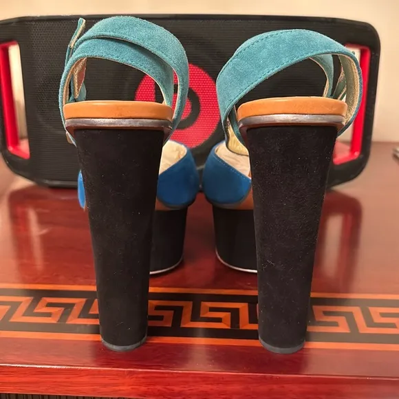 Halston Heritage Pippa Suede leather Black Blue Ankle Strap Platform Sandal sz 7
