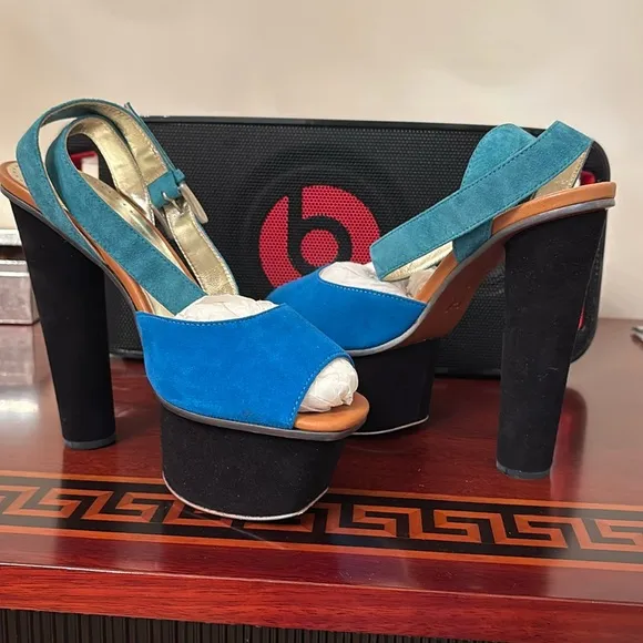 Halston Heritage Pippa Suede leather Black Blue Ankle Strap Platform Sandal sz 7
