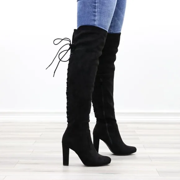 Heeled Thigh High Boots Black Over The Knee Suede Lace Up Back