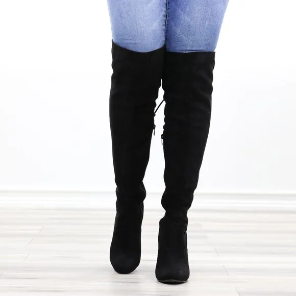 Heeled Thigh High Boots Black Over The Knee Suede Lace Up Back