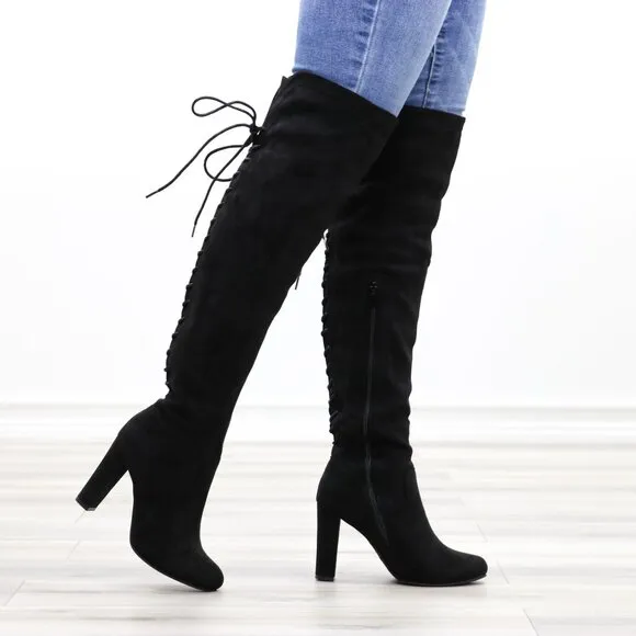 Heeled Thigh High Boots Black Over The Knee Suede Lace Up Back