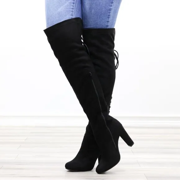 Heeled Thigh High Boots Black Over The Knee Suede Lace Up Back