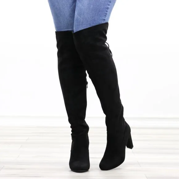Heeled Thigh High Boots Black Over The Knee Suede Lace Up Back