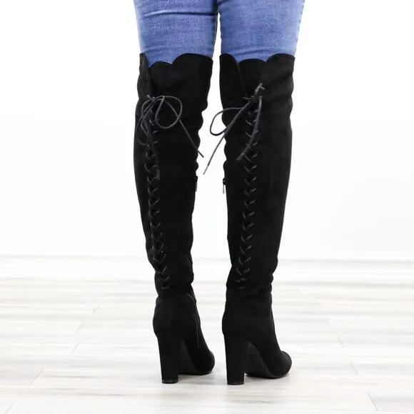 Heeled Thigh High Boots Black Over The Knee Suede Lace Up Back