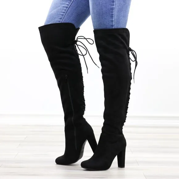 Heeled Thigh High Boots Black Over The Knee Suede Lace Up Back