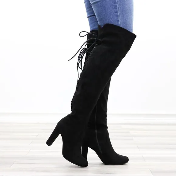 Heeled Thigh High Boots Black Over The Knee Suede Lace Up Back
