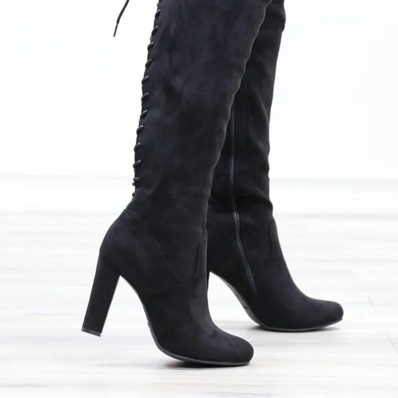 Heeled Thigh High Boots Black Over The Knee Suede Lace Up Back