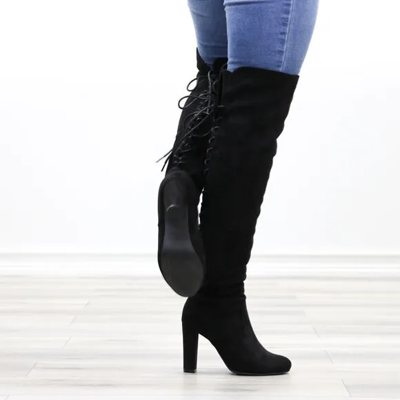 Heeled Thigh High Boots Black Over The Knee Suede Lace Up Back