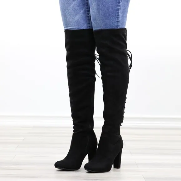 Heeled Thigh High Boots Black Over The Knee Suede Lace Up Back