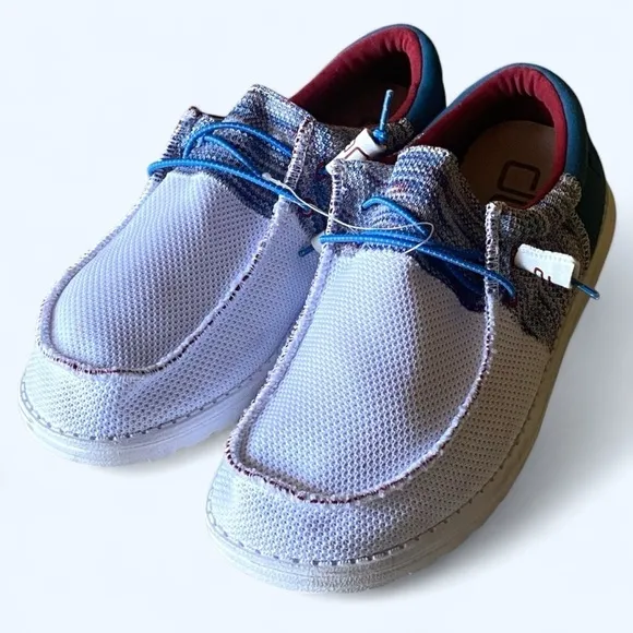 HEY DUDE NEW Wally Sox Gorpcoe White Blue Red Slip On Shoes Mens Size 10 NW…