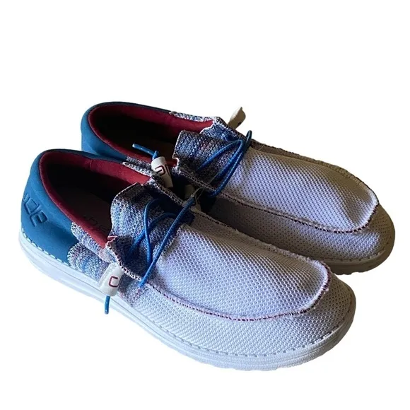 HEY DUDE NEW Wally Sox Gorpcoe White Blue Red Slip On Shoes Mens Size 10 NW…