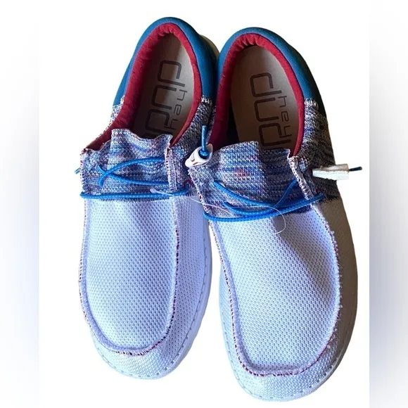HEY DUDE NEW Wally Sox Gorpcoe White Blue Red Slip On Shoes Mens Size 10 NW…