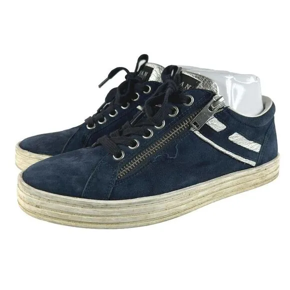 HOGAN Rebel Women's fine suede sneaker US 6 Navy Blue Side Zip Lace-Up Shoes