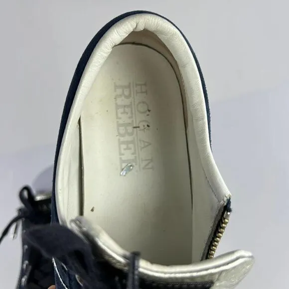 HOGAN Rebel Women's fine suede sneaker US 6 Navy Blue Side Zip Lace-Up Shoes