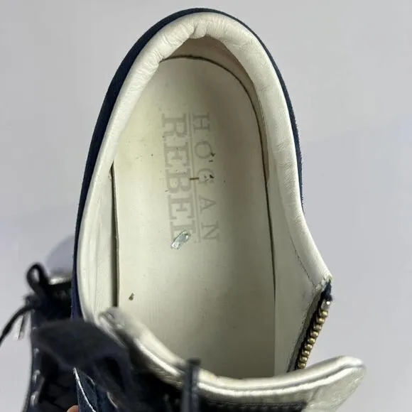 HOGAN Rebel Women's fine suede sneaker US 6 Navy Blue Side Zip Lace-Up Shoes
